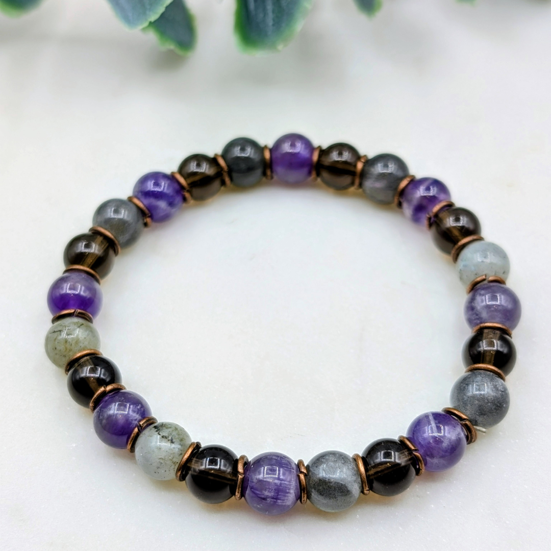 edelsteen armband van amethist, labradoriet en rookkwarts