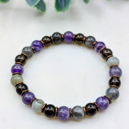 edelsteen armband van amethist, labradoriet en rookkwarts